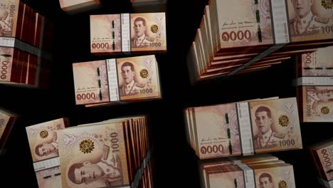 vuelo sobre el dinero del baht tailandés paquetes de billetes animación de bucle