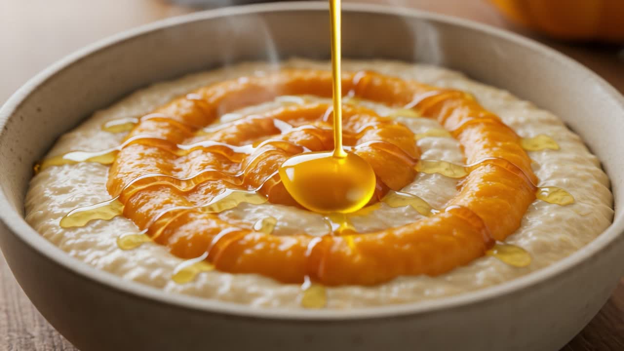 Honey being drizzled over pumpkin puree on a bowl of porridge