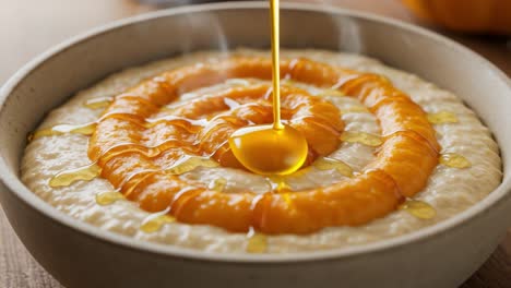 honey being drizzled over pumpkin puree on a bowl of porridge