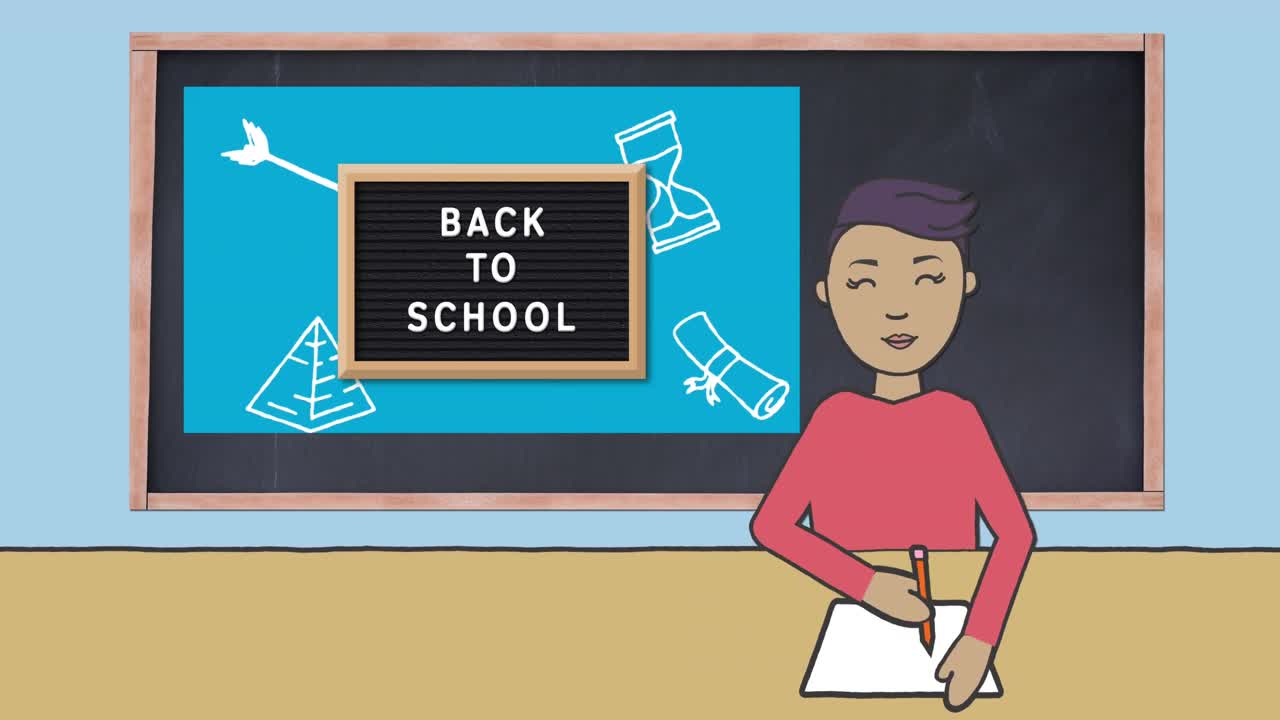 Animation of schoolboy writing over back to school text on blackboard