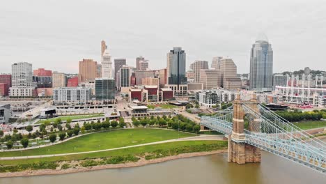 downtown cincinnati skyline drone video aerial view