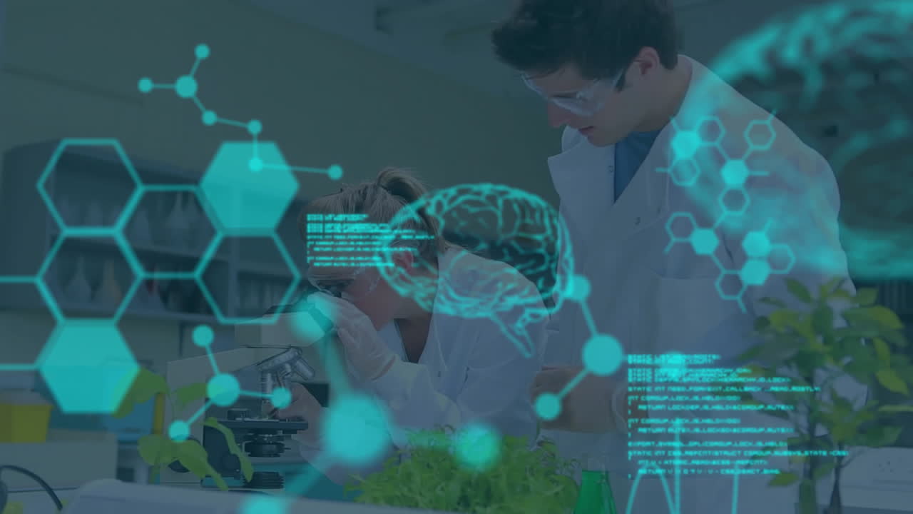 animación del procesamiento de datos científicos sobre diversos científicos en el laboratorio