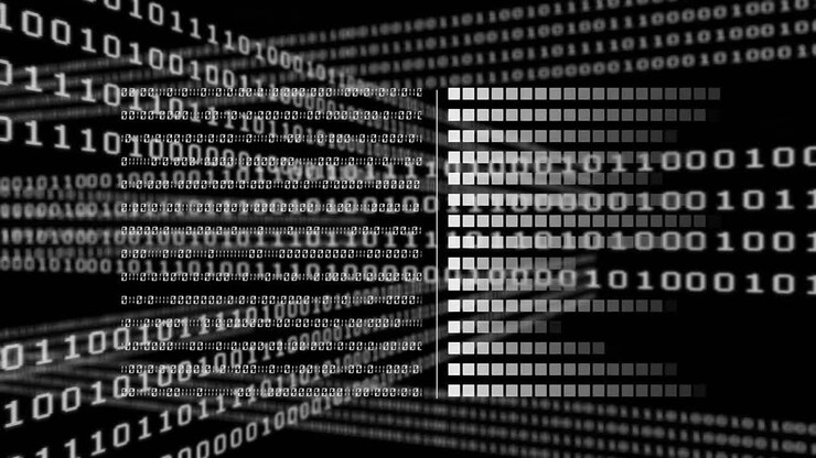 Animation der Datenverarbeitung über Binärcodes und Computerberechnungen.