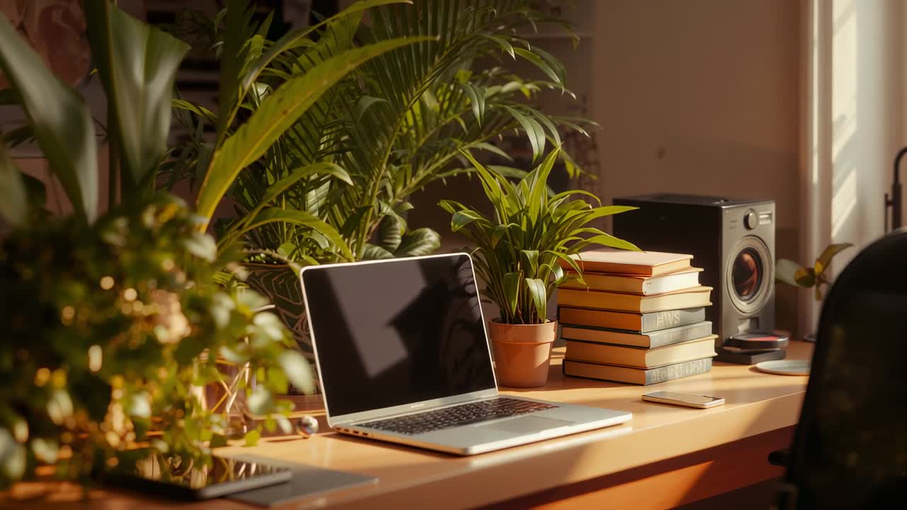 Capturing camera panning across home desk with laptop, plants swaying, books, speaker, copy space