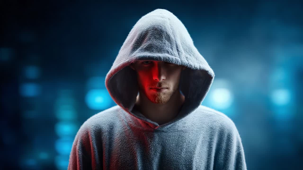 A hooded figure stands with an enigmatic aura, captivating the viewer through a captivating blend of light and shadow, evoking a sense of mystery and intrigue in a digital realm