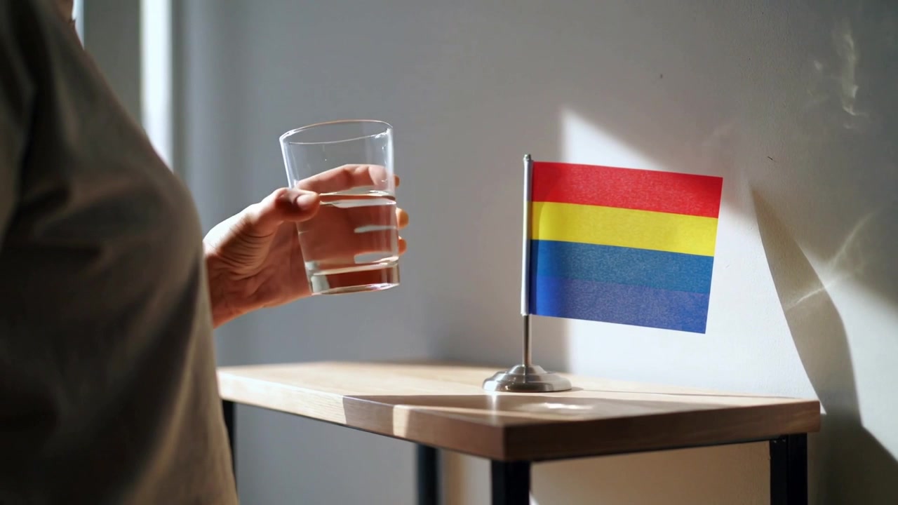 Açık renk üstlü bir kadın, bayraklı yan masaya uzanarak su bardağını yerleştiriyor, metin ekleme alanı.