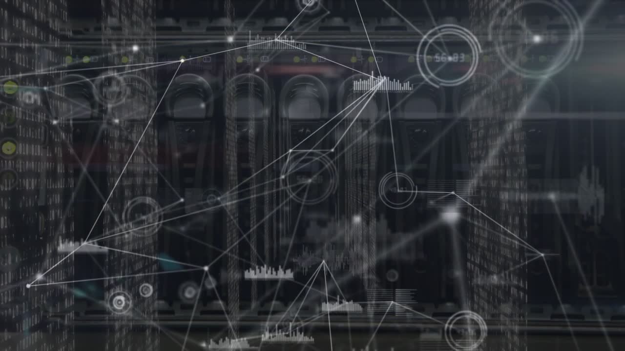 Animation of network of connections and data processing over server room