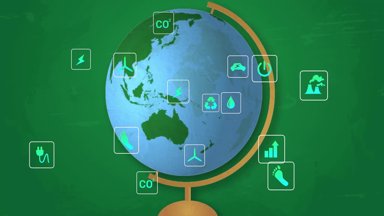 Animation of eco icons and data processing over globe