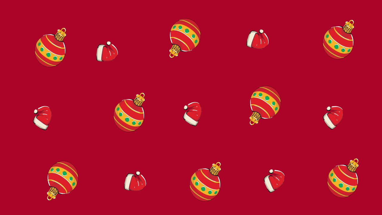 animación de múltiples sombreros de navidad y adornos sobre fondo rojo