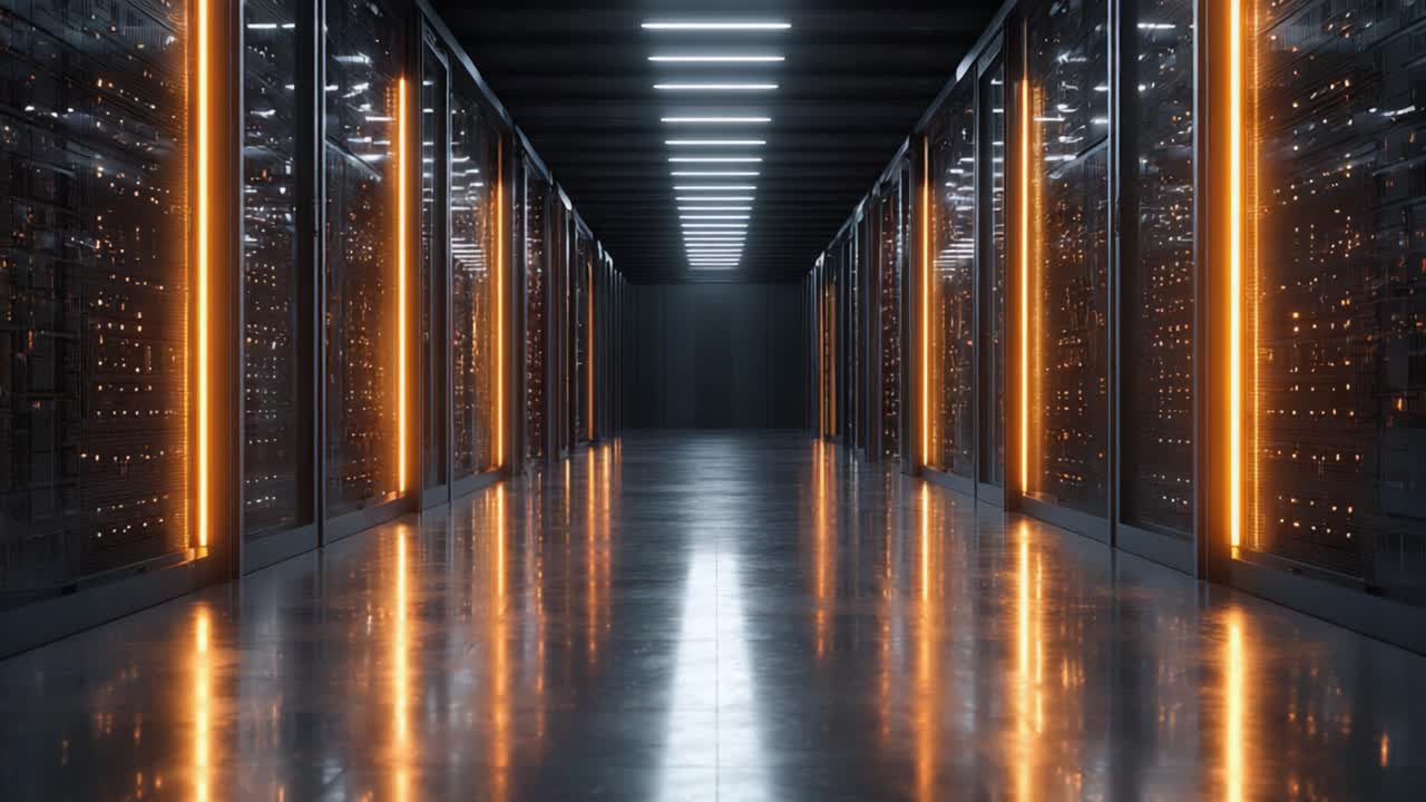A Glimpse Inside a Modern Data Center: Illuminated Hallway Showcasing High-Tech Servers and Reflective Flooring in a Cutting-Edge Digital Infrastructure Environment
