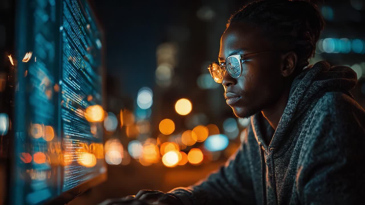 Focused Programmer Analyzing Code at Night with Vibrant City Lights in the Background, Showcasing the Fusion of Technology and Urban Life