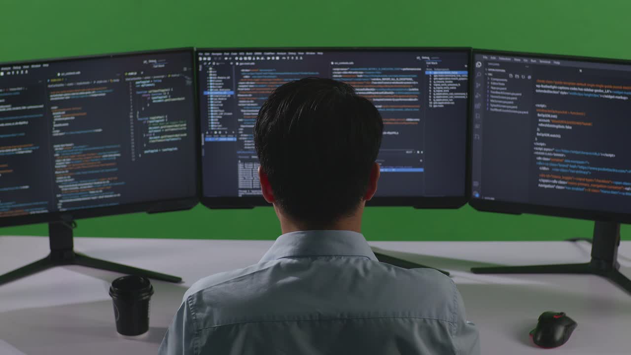 Back View Of Asian Man Developer Using Computer To Write Code With Multiple Screens In Green Screen Studio