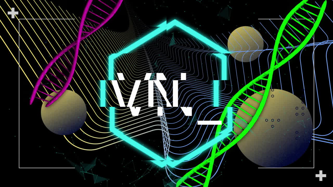 Animation of DNA strands and geometric shapes with NFT text on dark background