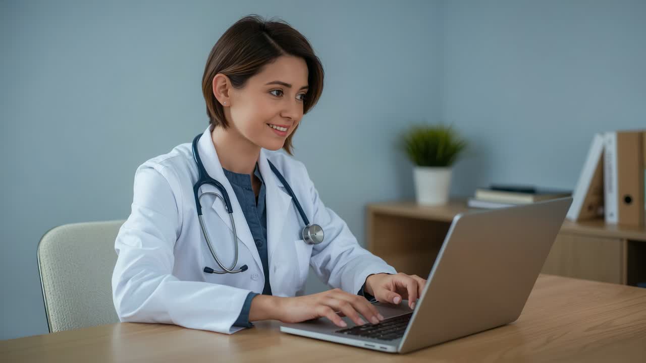 Placing hands on laptop, Dr in white coat scrubs stethoscope typing at clinic desk updating records