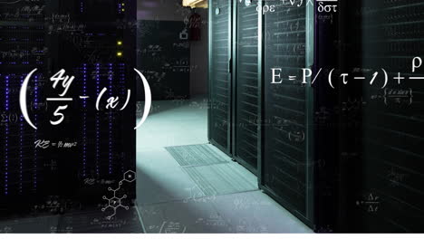 Animation of mathematical equations and diagrams against server room in background