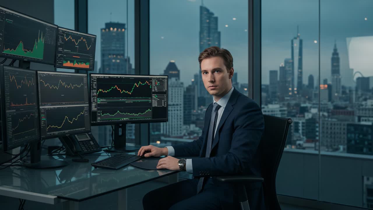 A Focused Trader Analyzes Market Trends in a High-rise Office Overlooking a Bustling Cityscape with Advanced Financial Graphs and Data on Multiple Screens