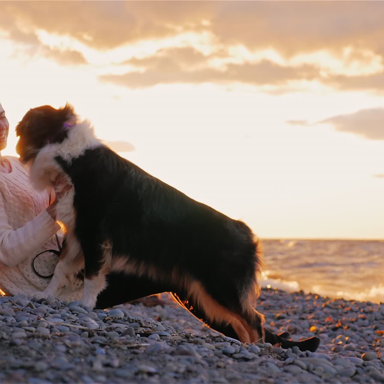 una mujer joven jugando con su perro junto a un lago
