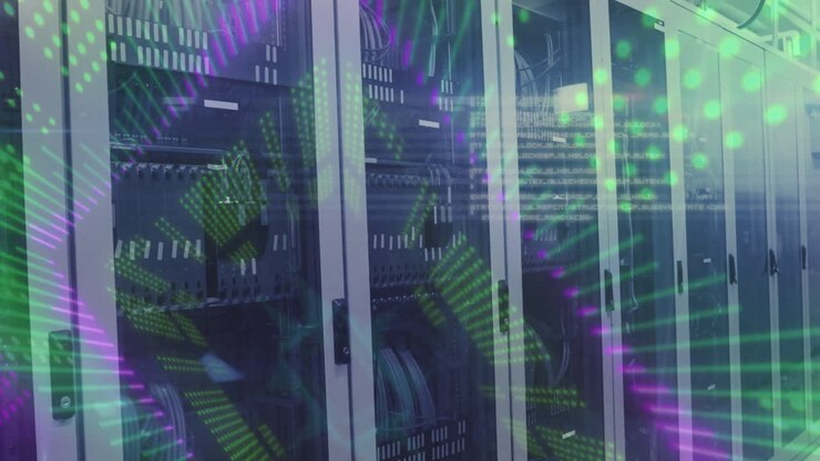 Animation of data processing with green neon lights over computer servers