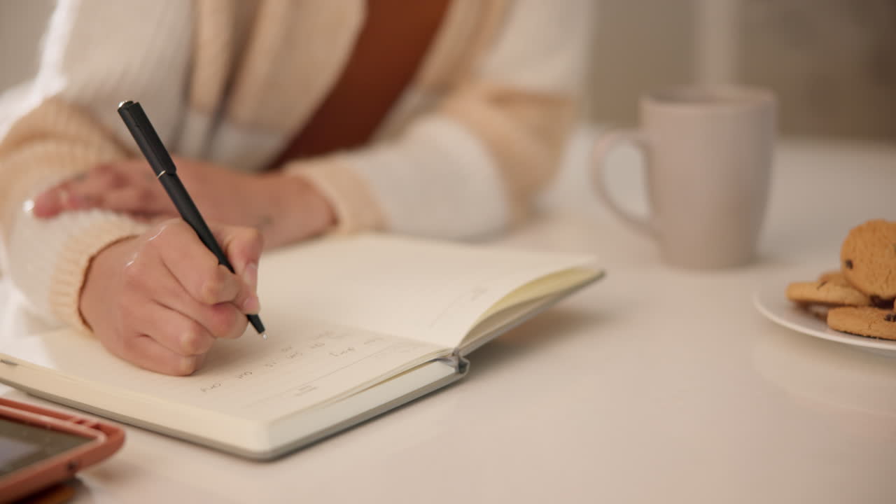Woman, notebook and hands writing in home