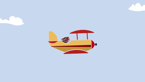 woman aviator fly on old plane in the sky between the clouds.  animated illustration, flat cartoon. loop footage