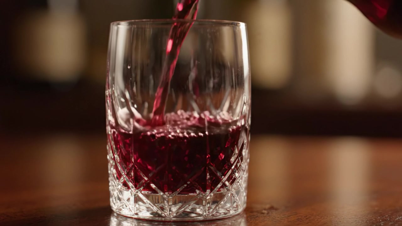 Un'Elegante Versata di Ricco Liquido Rosso in un Bicchiere di Cristallo, che Cattura un Momento di Indulgenza e Raffinatezza Mentre Si Riempie alla Perfezione