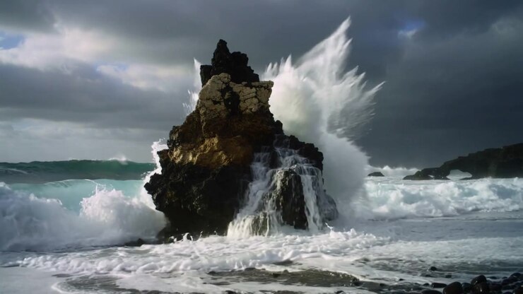 Un'onda di tempesta crescente che colpisce una roccia marina frastagliata su una spiaggia di ciottoli, sollevando spruzzi e schiuma.