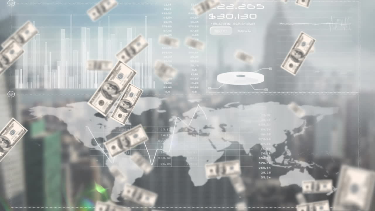 세계 지도, 통계 및 데이터 처리 위에 떨어지는 미국 달러 지폐의 애니메이션