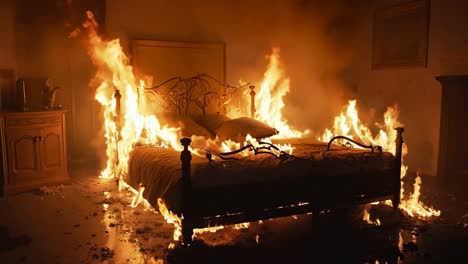 a bed is engulfed by flames in a dark room