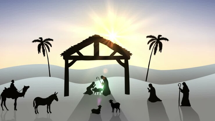 Nativity scene with rising sun