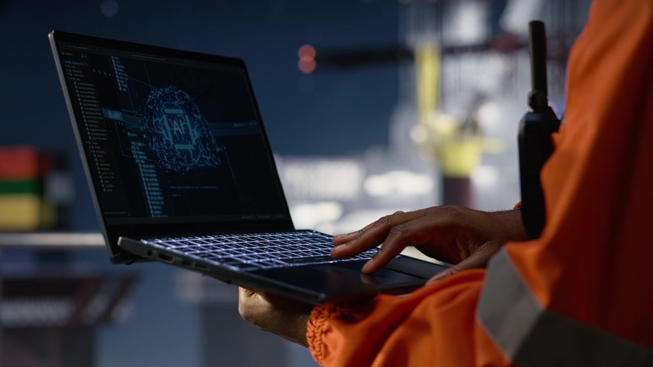 AI monitoring offshore rig drill operations, oil crisis and experts using laptop