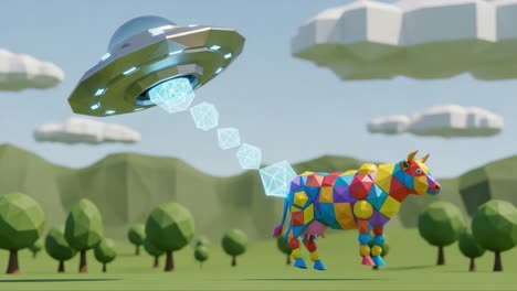 a colorful polygonal cow being abducted by a futuristic ufo in a vibrant landscape filled with trees and mountains under a cloudy sky