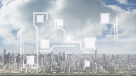 animation of digital network sharing data over modern cityscape