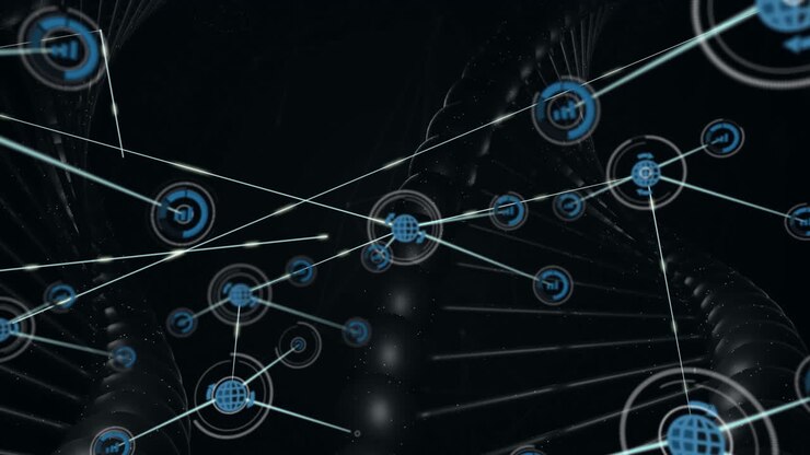 Netværksforbindelser og digitale noder over DNA-strengsanimation på mørk baggrund