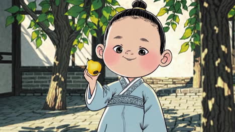 child in traditional clothing holding a pear