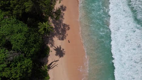 Fantastische-Aufnahmen-Einer-Frau,-Die-An-Einem-Einsamen-Strand-Entlang-Geht