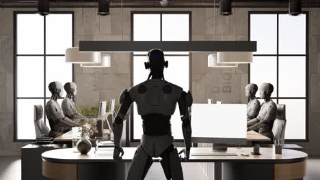 equipo de robots futuristas humanoides ciber inteligencia artificial líder coordinar trabajo trabajo en la oficina animación de renderización 3d