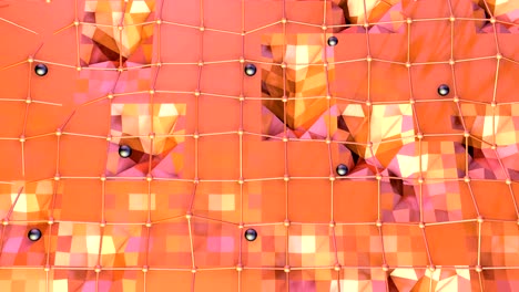 superficie baja de poli 3d con cuadrícula o malla voladora y esferas negras como entorno decorativo. fondo de poli bajo geométrico de polígonos rojos naranja puros. fondo de bucle sin costuras 4k fullhd