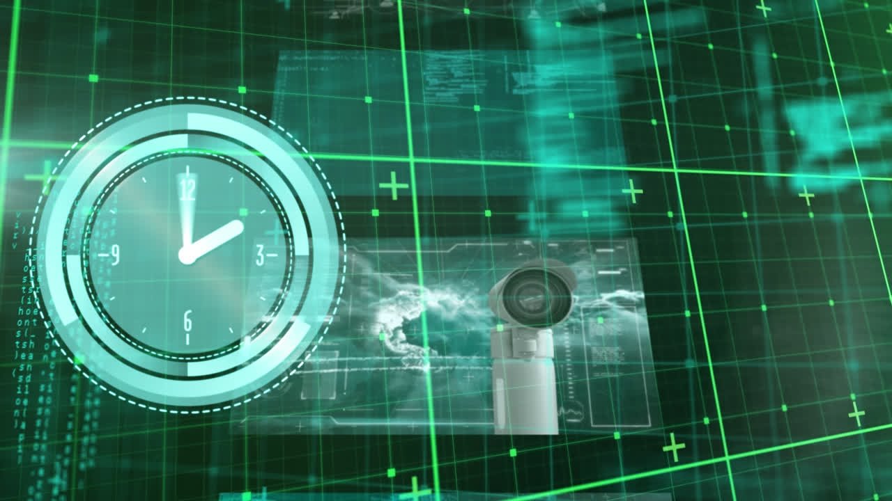 Animazione di un orologio al neon che ticchetta su schermi multipli con elaborazione dati su sfondo verde
