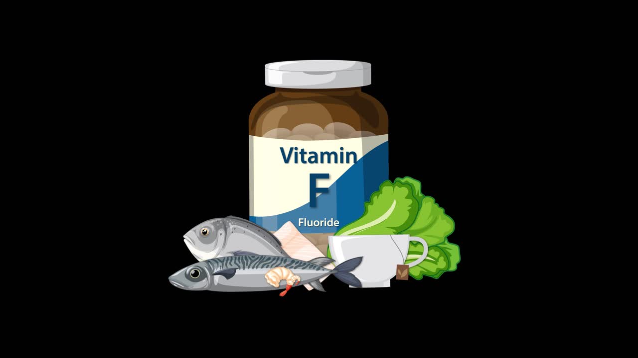 Vitamin F bottle appears with fish, eggs, shrimp, and leafy greens on a black background