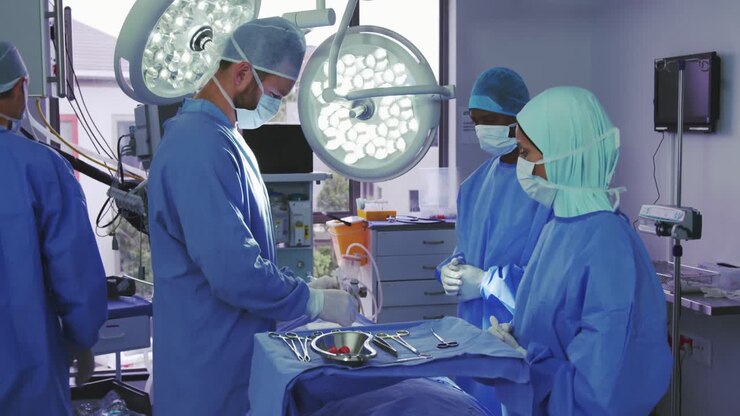 Seitenansicht eines kaukasischen Chirurgen, der eine Operation im Operationssaal durchführt.