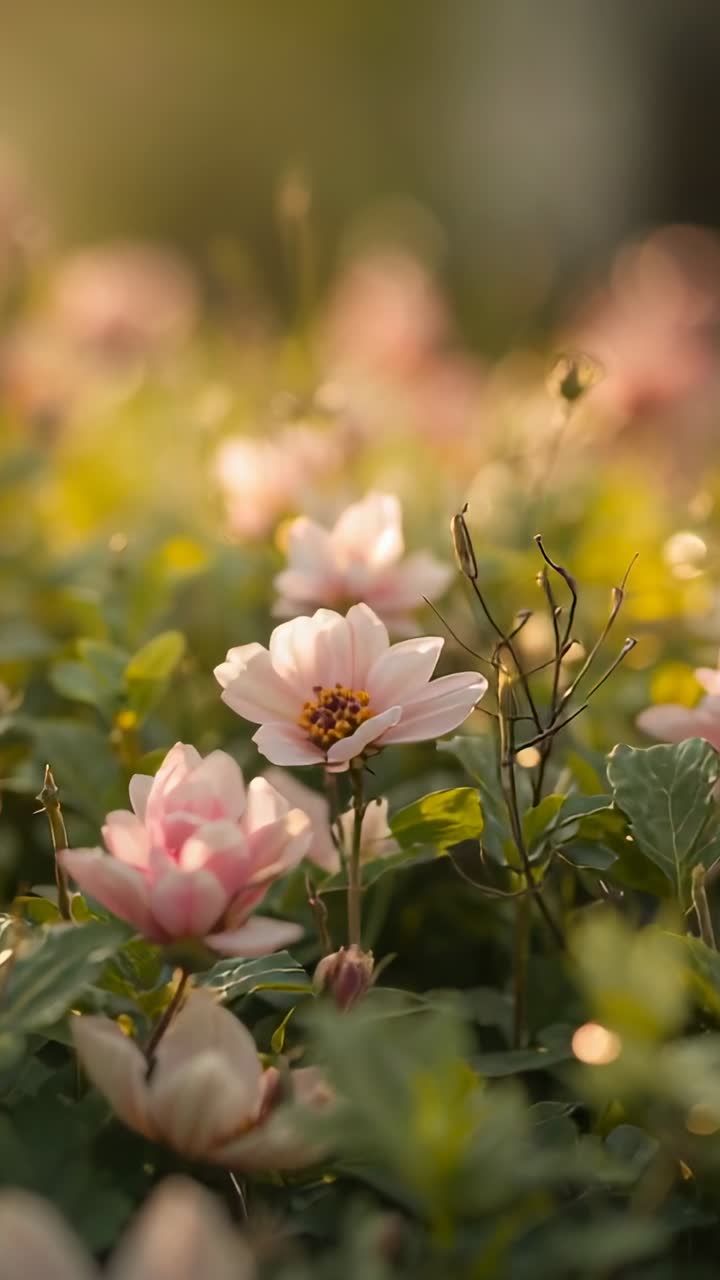 Video verticale: cambio di fuoco, lenti che rivelano un gruppo di boccioli e fiori rosa in un giardino, mostrando i petali
