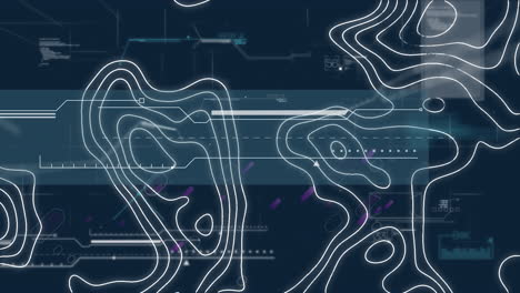 animación del procesamiento de datos, senderos de luz púrpura y líneas blancas del mapa
