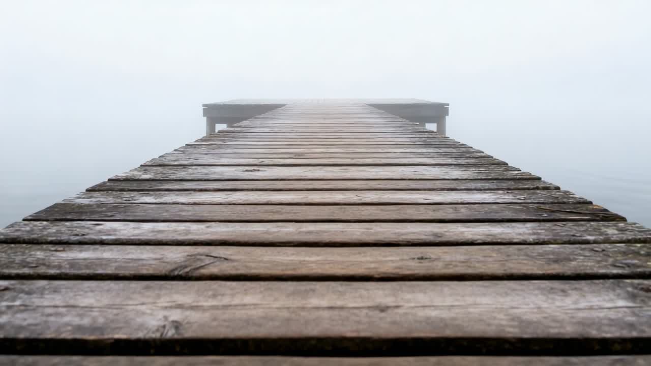 Vertical video: Showing light shifting, worn dock narrowing into pond fog, end platform visible
