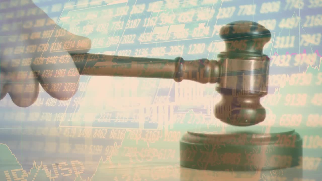 Animation of statistics and financial data processing over auctioneer's hammer