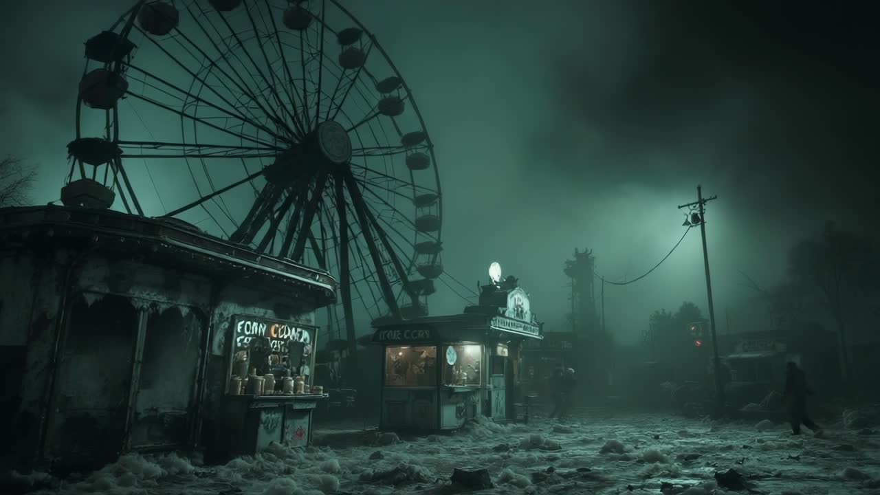 Abandoned amusement park scene with eerie atmosphere and foggy surroundings in motion sequence