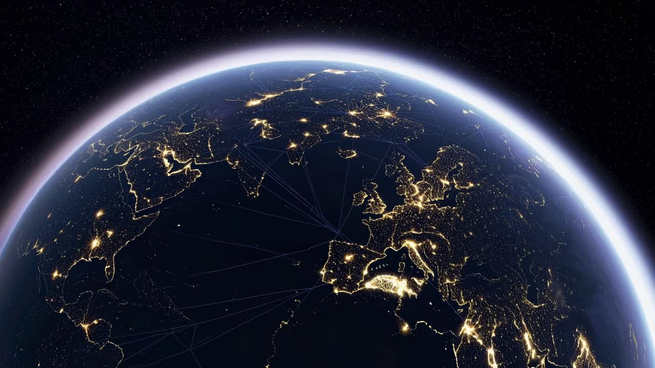 Aerial video view of Earth at night, showcasing glowing city lights and network lines