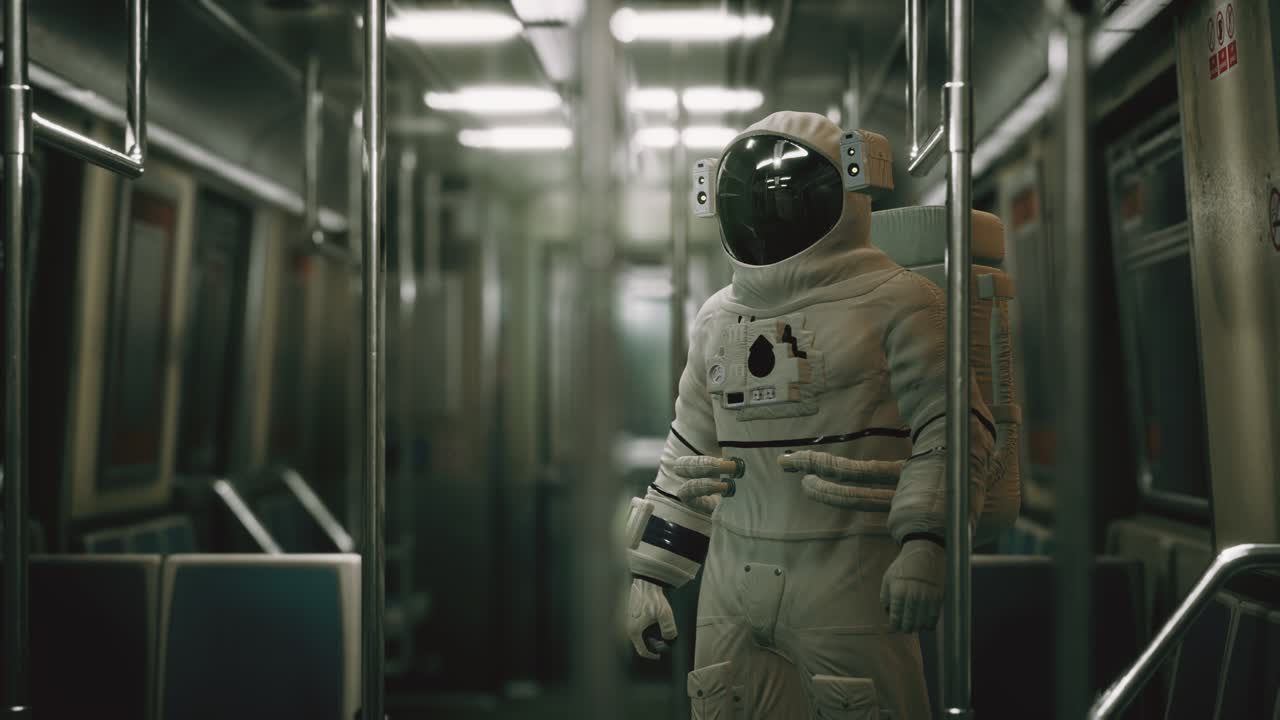 Astronaut inne i en gammel, umodernisert T-banevogn i USA