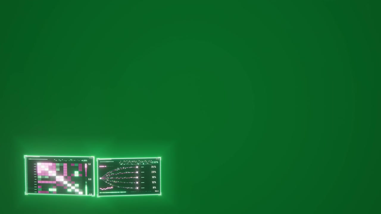 On boot, green HUD appearing left, pulsing, updating grid-funnel for analytics on transparent void