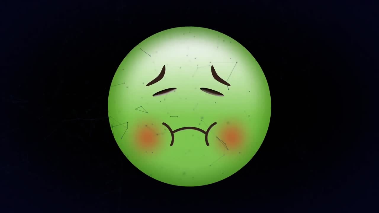 검은색 배경에 움직이는 연결 위에 아픈 이모지 아이콘의 애니메이션