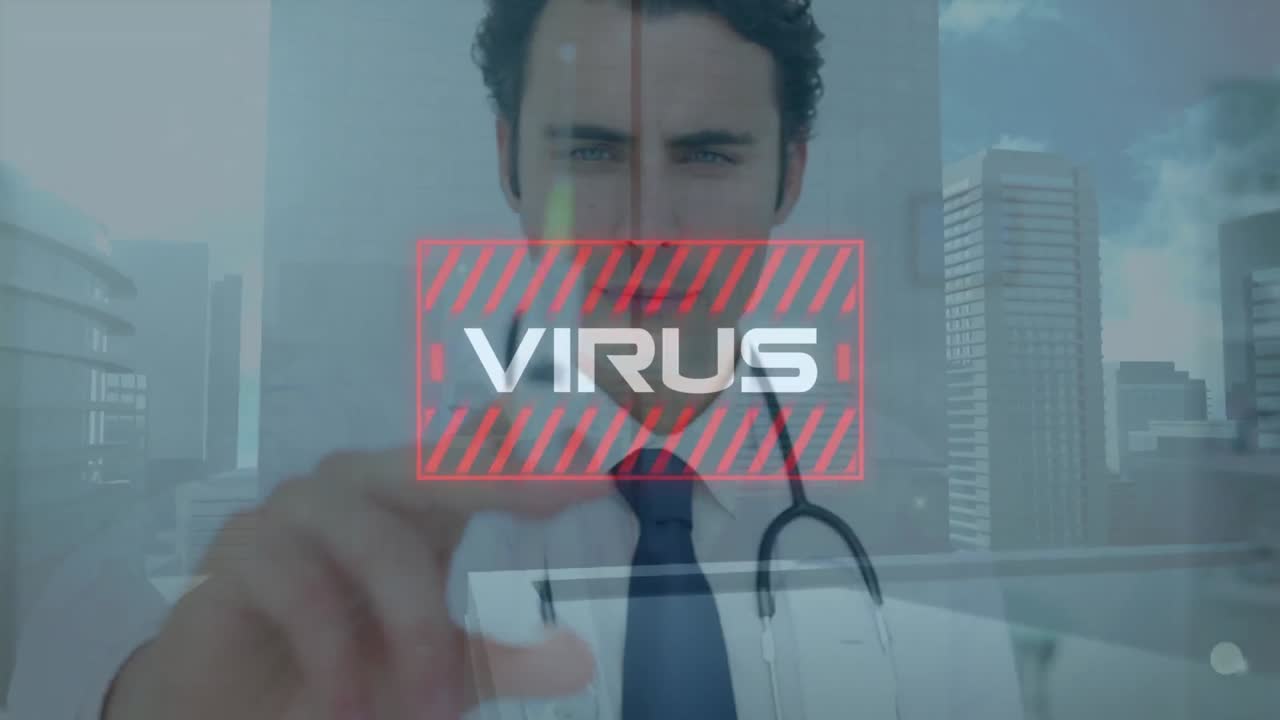 animación del procesamiento de datos del virus de la covid 19 sobre un médico masculino